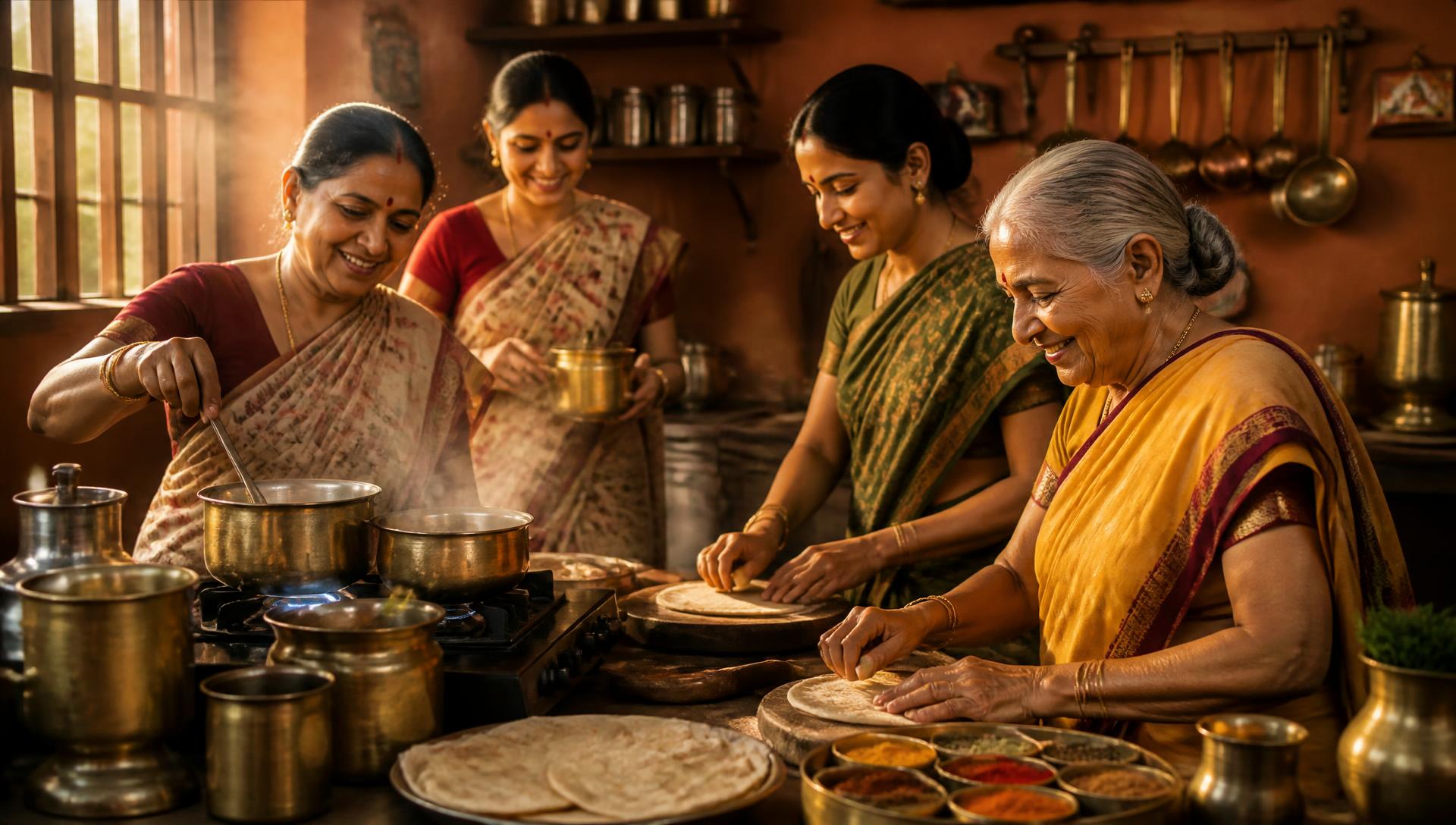 A group of Indian women of different ages cooking together in a traditional kitchen